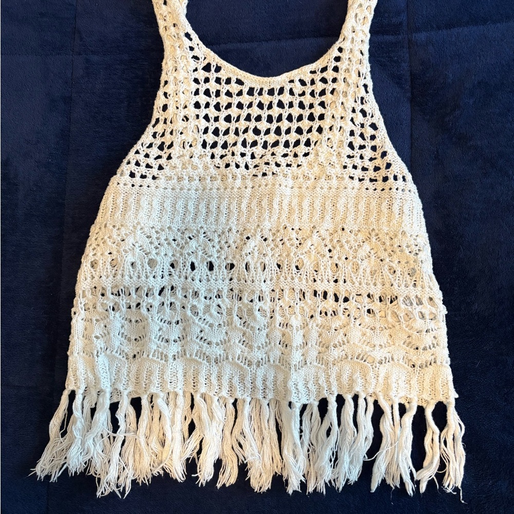 Abercrombie & Fitch Ivory/white crochet Knit Tank with Fringe 2000s y2k festival